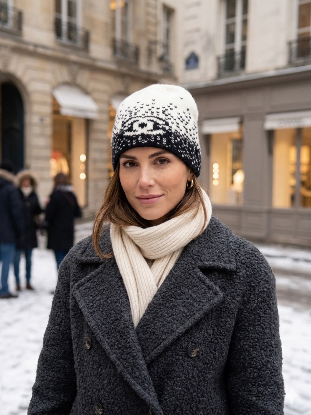 CC Logo Cashmere Wool Silk Beanie Hat Black & Cream